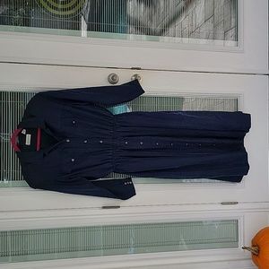 Vintage 80's Dresses Elisabeth Silk Shirt Dress Navy Blue Sz 16 Has Pockets